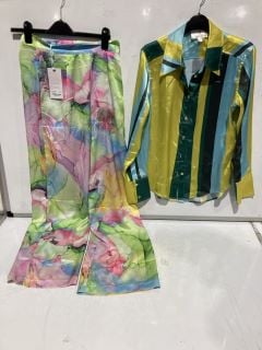 BOX OF PREMIUM DESIGNER APPAREL TO INCLUDE FOREVER UNIQUE MULTI PRINT SATIN WIDE LEG TROUSERS SIZE 10