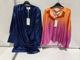 BOX OF PREMIUM DESIGNER APPAREL TO INCLUDE FOREVER UNIQUE NAVY BLUE LONG SLEEVE SATIN DRAPED MINI DRESS SIZE 12