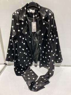 BOX OF PREMIUM DESIGNER APPAREL TO INCLUDE FOREVER UNIQUE BLACK SPOT POLKADOT SATIN BLAZER WITH TIE WAIST DETAIL SIZE 16