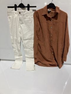 BOX OF PREMIUM DESIGNER APPAREL TO INCLUDE FOREVER UNIQUE WHITE SKINNY FIT JEANS SIZE 8