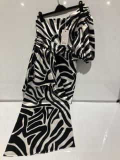 BOX OF PREMIUM DESIGNER APPAREL TO INCLUDE FOREVER UNIQUE WHITE WITH BLACK STRIPES ONE SHOULDER MINI DRESS WITH PUFF SLEEVE AND DRAPE DETAIL SIZE 12