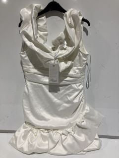 BOX OF PREMIUM DESIGNER APPAREL TO INCLUDE FOREVER UNIQUE SHOULDER RUFFLE MINI DRESS SIZE 10