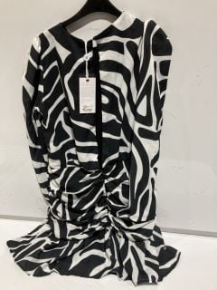 BOX OF PREMIUM DESIGNER APPAREL TO INCLUDE ZEBRA PRINT MINI DRESS WITH GATHERED SKIRT DETAIL SIZE 16