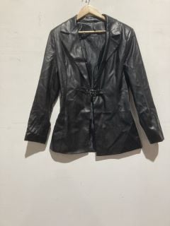 A BOX TO INCLUDE A WOMENS BLACK LEATHER JACKET UK 12