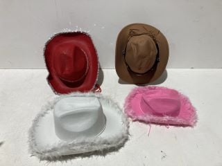 BOX OF STYLISH HATS TO INCLUDE PINK WHITE AND RED COWGIRL HATS