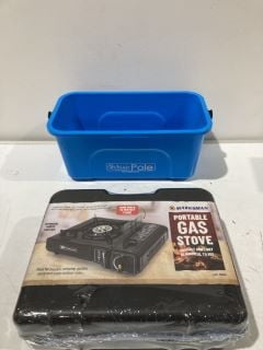 BOX OF ITEMS TO INCLUDE MARKSMAN PORTABLE GAS STOVE