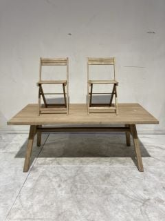 1 X WOODEN TABLE 190 CM X 91 CM AND 2 X WOODEN CHAIRS