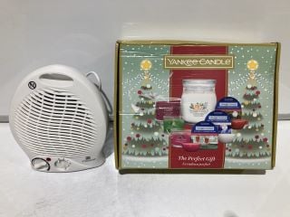 BOX OF STRAAME 2000W UPRIGHT FAN HEATER, YANKEE CANDLE CHRISTMAS SET