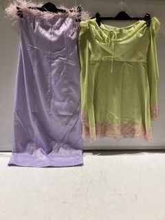 BOX OF ASSORTED ITEMS TO INCLUDE FOREVER UNIQUE SATIN BANDEAU FEATHER MIDI DRESS LILAC SIZE UK 8 RRP £139.99