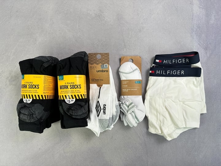 Tommy Hilfiger Trunks x2 Size M, Umbro Trainer Socks Size 6-8, Primark Trainer Socks Size 6-8 And Primark Work Socks Size 6-8  (VAT ONLY PAYABLE ON BUYERS PREMIUM) (JAAP105/42/43)