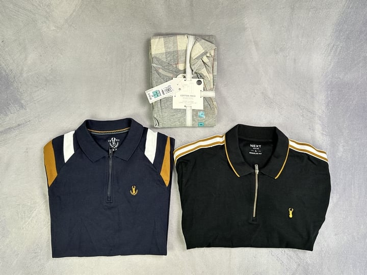 Next 3/4 Zip polo Shirts x2 Size S & L And M&S Cotton Rich Pyjama Set Size M (VAT ONLY PAYABLE ON BUYERS PREMIUM) (JAAP32/36/41)