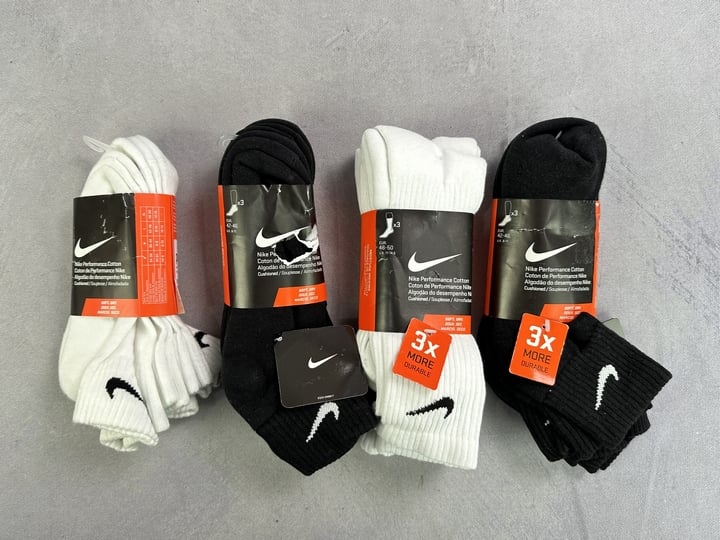 Nike Socks 4x Packs Of 3, Sizes UK 11-14.5, 5-8, 8-11 (VAT ONLY PAYABLE ON BUYERS PREMIUM) (MPSG00068869)