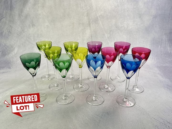 Val St Lambert Belgium, Twelve 1930s/40s Wine Glasses In Faceted Crystal In Different Colors (VAT ONLY PAYABLE ON BUYERS PREMIUM)