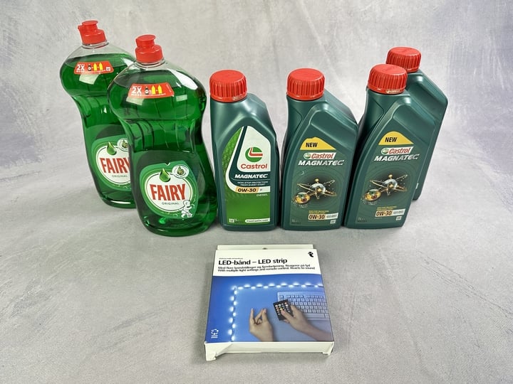 Various Items Including 4x Castrol Magnatec 0W-30 oil 1L , 2x Fairy Original Washing Up Liquid 1450ml And LED Band Strip Light (VAT ONLY PAYABLE ON BUYERS PREMIUM) (JAAP88/104/93)