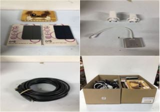 BOX OF ITEMS TO INC GOJI IPAD 10TH GEN 10.9" FOLIO CASE & BOX OF VARIOUS CABLES