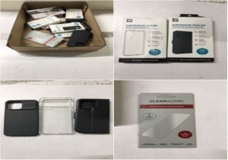 BOX OF VARIOUS PHONE ITEMS INC. DEFENCE FOLIO LEATHER PHONE CASE