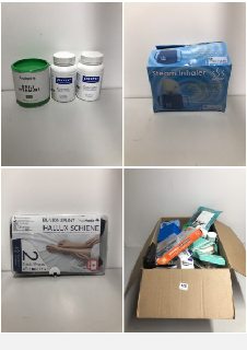 A BOX OF VARIOUS MEDICAL AND PHARMACEUTICAL SUPPLIES