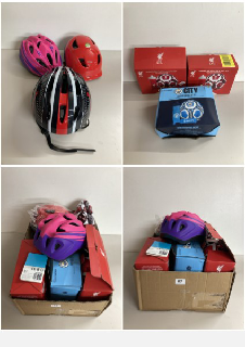 BOX OF BALLS AND CYCLING HELMETS