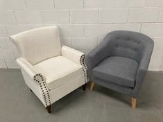 2 X HOUSEHOLD ARMCHAIR VARIOUS MODELS INCLUDING WHITE ARMCHAIR (DAMAGED BLUE ARMCHAIR AND DIRTY WHITE ARMCHAIR).