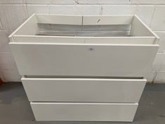 WASHBASIN UNIT WITH 3 WHITE DRAWERS (DAMAGED AT THE TOP, THIRD DRAWER BROKEN).