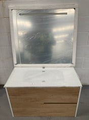 GAVIN BATHROOM FURNITURE, 2 DRAWERS, WALL HUNG. INCLUDES CERAMIC WASHBASIN AND MIRROR. WHITE COLOUR WITH WOOD FINISHES. DELIVERED ASSEMBLED. WITH MIRROR 90 CM NATURE.