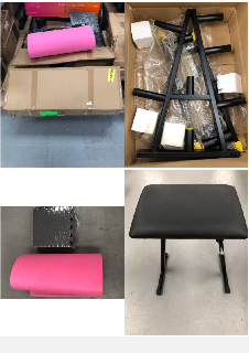 PALLET WITH A VARIETY OF GYM ITEMS INCLUDING A WEIGHT RACK.