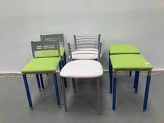 6 X CHAIRS WITH FOAM SEAT VARIOUS COLOURS WITH SMALL BACKREST UNSPECIFIED BRAND ( DAMAGED ) .