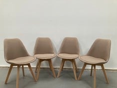 4 X SCANDINAVIAN STYLE DINING CHAIRS ODIN UPHOLSTERED IN FABRIC WITH MINIMALIST DESIGN AND MINK COLOURED WOODEN LEGS .