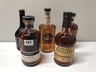 5 X BOTTLES OF WHISKY AND BRANDY TO INCLUDE MONKEY SHOULDER BLENDED MALT SCOTCH WHISKY 700ML 40% VOL 18+ ID MAY BE REQUIRED UPON COLLECTION E.G. A VALID PASSPORT (COLLECTION ONLY)