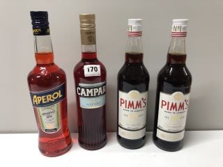 4 X BOTTLES OF SPIRIT DRINKS AND ITALIAN SPRITZ TO INCLUDE CAMPARI MILANO BITTER MIT FARBSTOFF ITALIAN SPIRIT 70CL 25% VOL 18+ ID MAY BE REQUIRED UPON COLLECTION E.G. A VALID PASSPORT (COLLECTION ONL