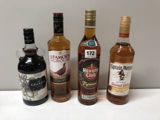 4 X BOTTLES OF RUM AND WHISKY TO INCLUDE THE KRAKEN BLACK SPICED RUM 700ML 40% VOL 18+ ID MAY BE REQUIRED UPON COLLECTION E.G. A VALID PASSPORT (COLLECTION ONLY)