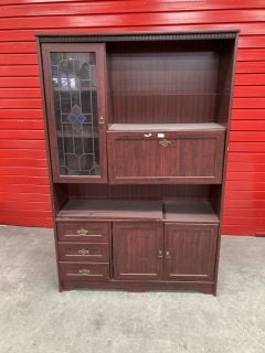 LARGE BROWN CABINET WITH GLASS DOORS