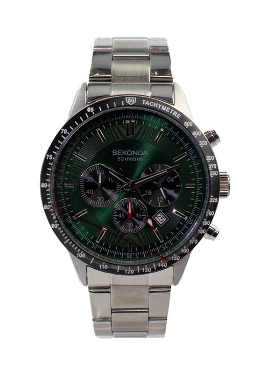 Sekonda Chronograph Quartz Watch, Model: 1913 CKT Green Dial Stainless Steel Bracelet. Brief Condition Report: Ex Display (Currently Running) (VAT Only Payable on Buyers Premium)