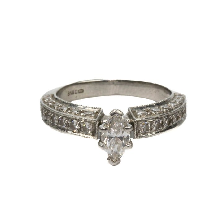 Platinum 950 Natural Diamond Marquise-cut with Diamond Shoulders Ring, Size J, 5.8g.  Auction Guide: £250-£350 (VAT Only Payable on Buyers Premium)