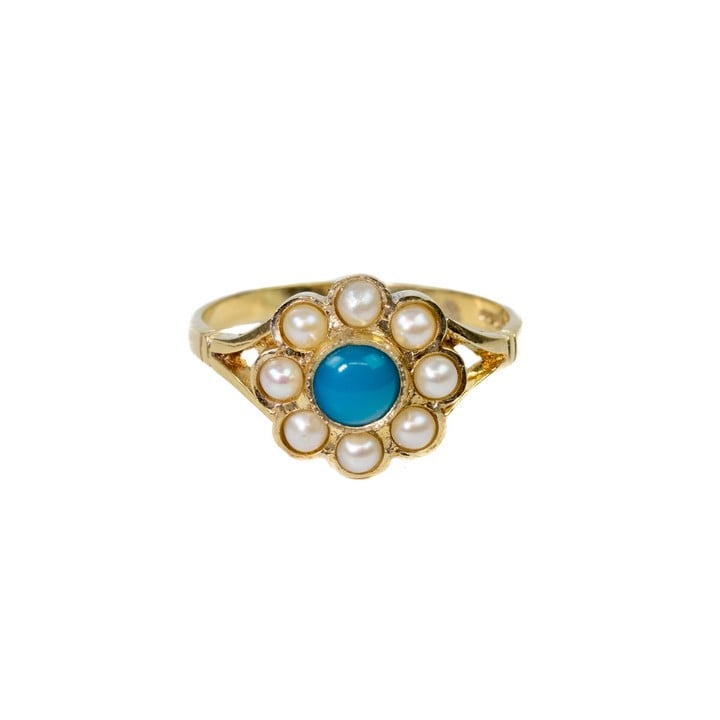 9ct Yellow Gold 0.33ct Turquoise with Pearl Halo Ring, Size O, 2.4g.  Auction Guide: £150-£200