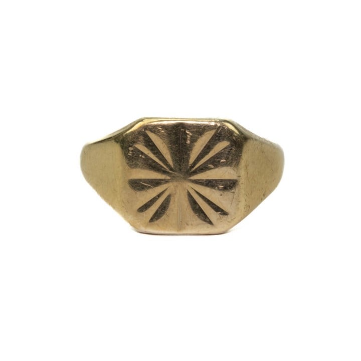 9ct Yellow Gold Patterned Signet Ring, Size V, 7.5g.  Auction Guide: £150-£200 (VAT Only Payable on Buyers Premium)