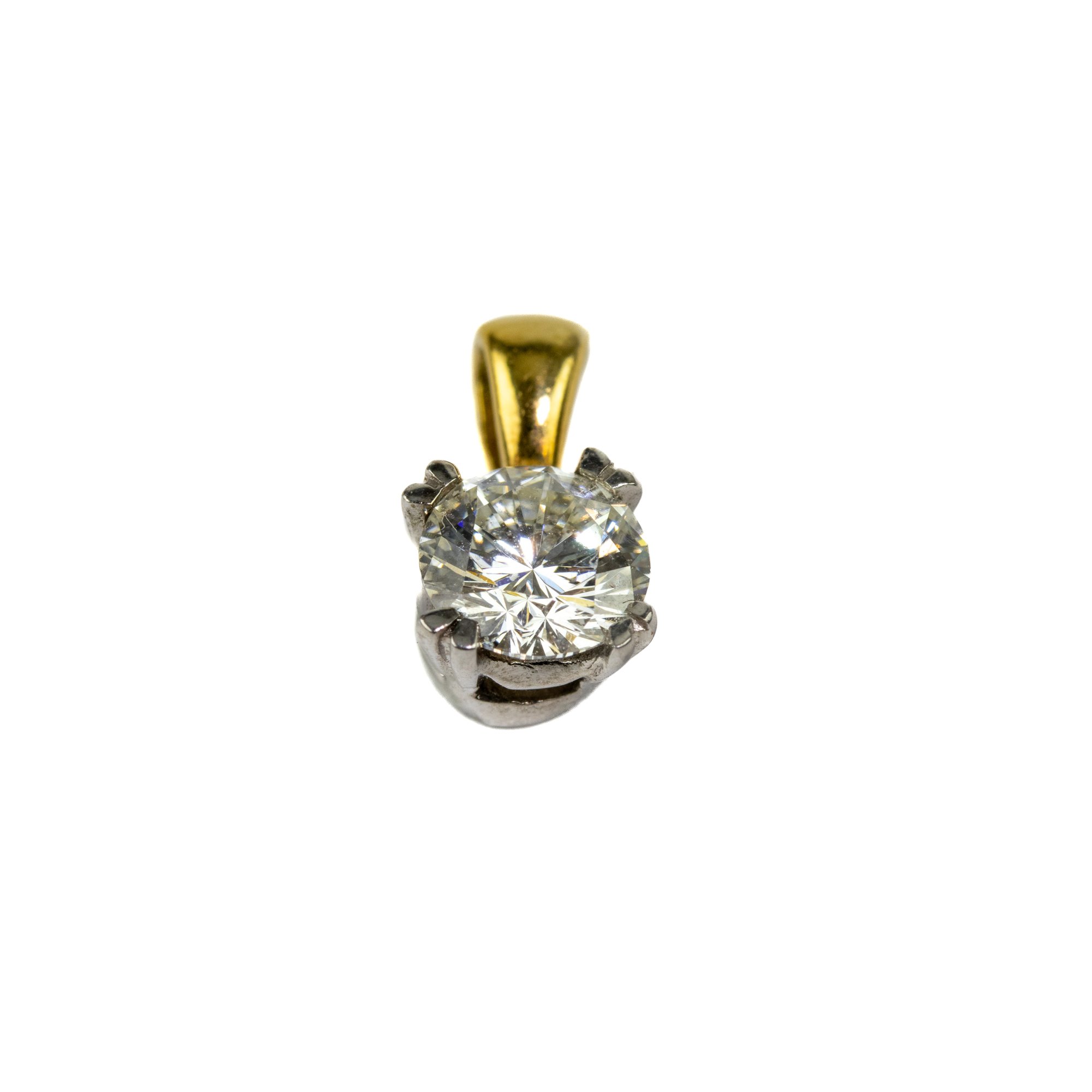 18ct Yellow and White Gold 0.56ct Natural Diamond Pendant, 1cm, 1g. Colour I, Clarity Si1. Inscribed LEO-010514. IGI Report F 3A94896.  Auction Guide: £400-£500 (VAT Only Payable on Buyers Premium)