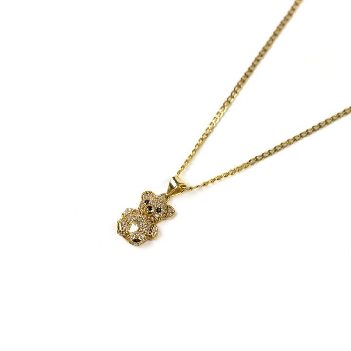 14k Yellow Clear and Black Stone Pavé Teddy Bear Pendant, 1.8x1cm and Fine Curb Chain, 45cm, total weight 3g (VAT Only Payable on Buyers Premium)