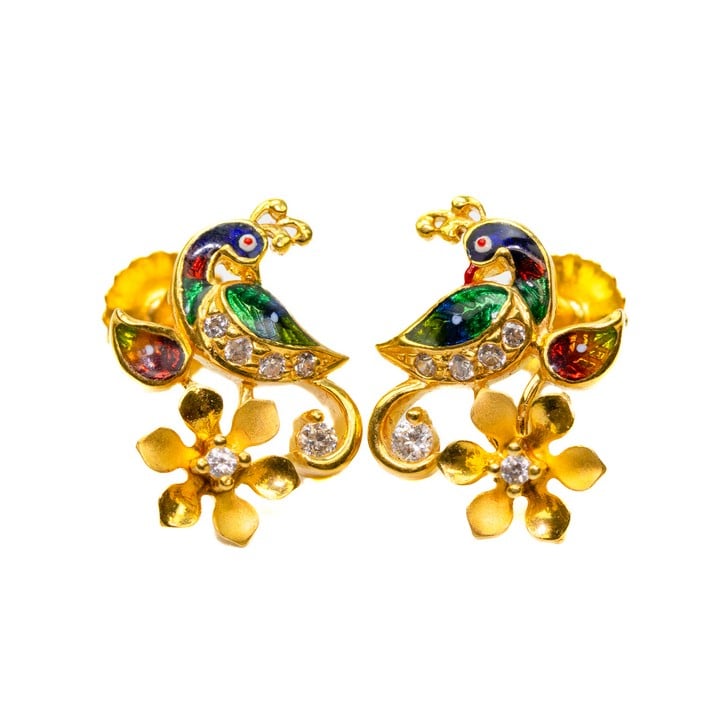 22K Yellow Coloured Stones Bird Stud Earrings, 1.5x1.2cm, 4.3g.  Auction Guide: £200-£300 (VAT Only Payable on Buyers Premium)