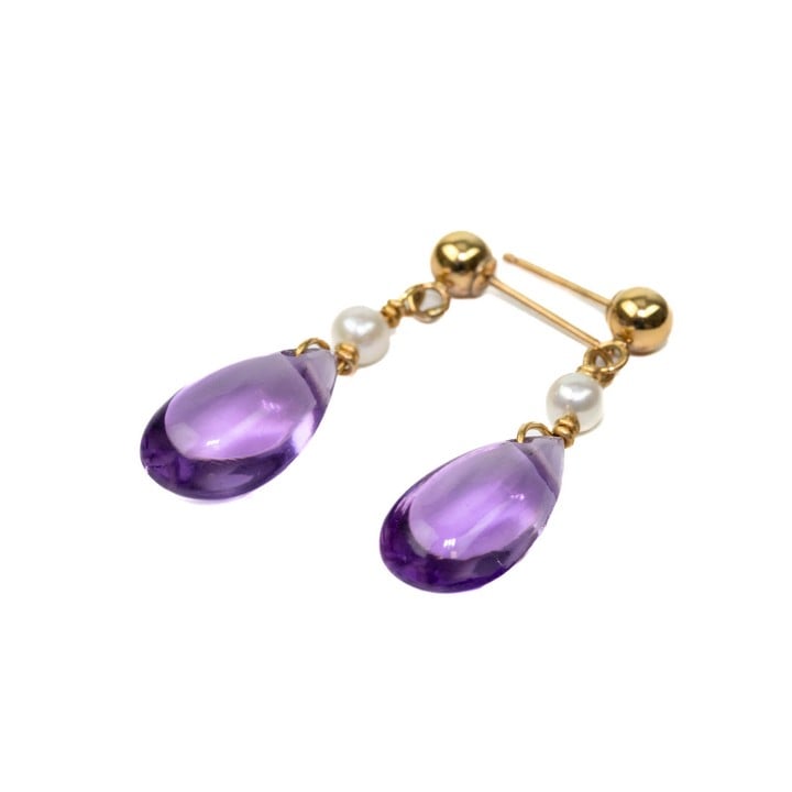 9K Yellow 7.12ct Amethyst (14x8mm) and Pearl Pear-cut Pair of Drop Earrings, 2.1g (No Butterflies}