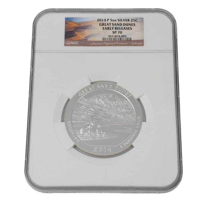 Silver .999 Great Sand Dunes 5oz Quarter Dollar Coin, 76.2mm, 155.5g. In Sealed Box (VAT Only Payable on Buyers Premium)