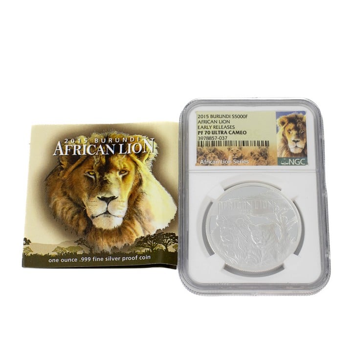 Silver .999 African Lion 2015 1oz 5000 Francs Republic of Burundi Coin, 38.6mm, 31.1g. In Sealed Box (VAT Only Payable on Buyers Premium)