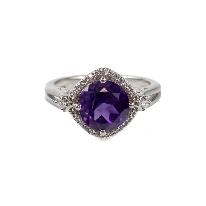 Silver Amethyst Round Faceted Stone with Clear Stone Halo Ring, Size O, 4.2g