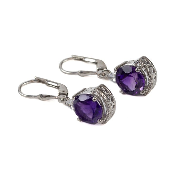 Silver Amethyst Round Faceted Stone with Clear Stones Drop Earrings, 3cm, 4.6g