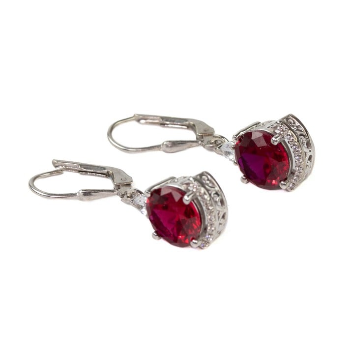 Silver Ruby Round Faceted Stone with Clear Stones Drop Earrings, 3cm, 4.8g