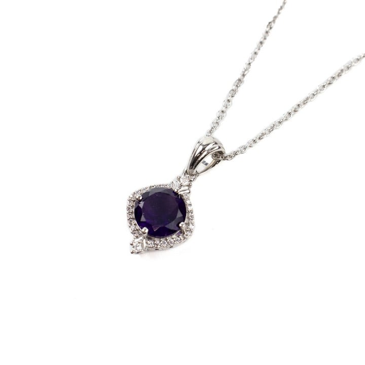 Silver Amethyst Round Faceted Stone with Clear Stones Halo Pendant, 2.7cm and Chain, 45cm, 5g