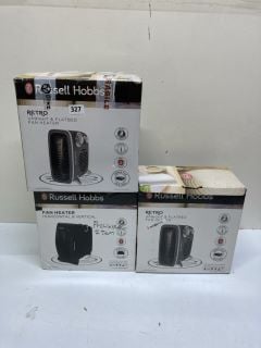 3 X HEATERS TO INC RUSSELL HOBBS RETRO UPRIGHT & FLATBED FAN HEATER