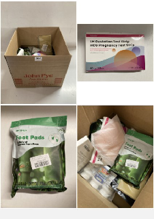 BOX OF ITEMS TO INCLUDE HCG PREGNANCY TEST STRIP