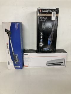 PAIR OF RUSSELL HOBBS STICK VACUUMS AND A IGENIX WALL MOUNTED HEATER