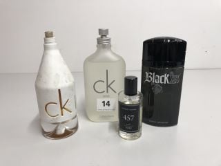 4 X FRAGRANCES TO INCLUDE 1X CK IN 2 U, 1 X CK ONE, 1 X PACO RABANNE BLACK XS AND 1 X FEDERICO MAHORA